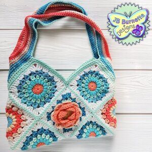 Handmade Crochet Caribbean Seaside Bag, Coral Rose, Lined Summer Shoulder Bag